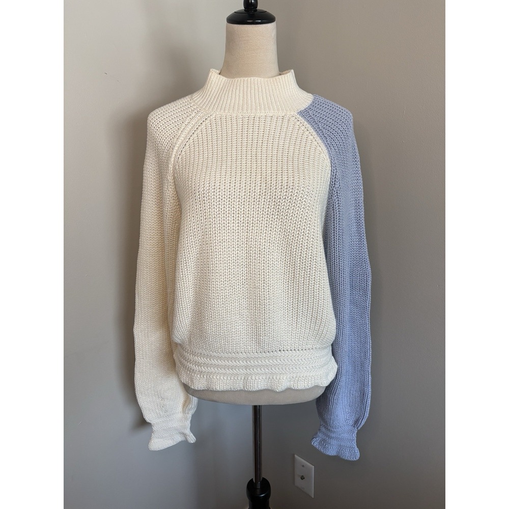 AMO Tahoe Rib Sweater Medium Natural Blue Ice Mock Neck Alpaca Cotton Blend M